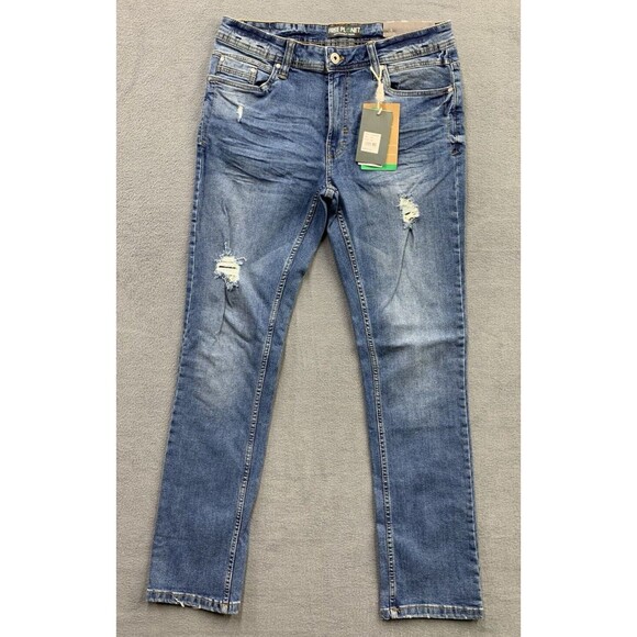 Free Planet Denim Jeans Mens 32X32 Blue Destroyed Distressed Stretch Slim Fit - Picture 1 of 16